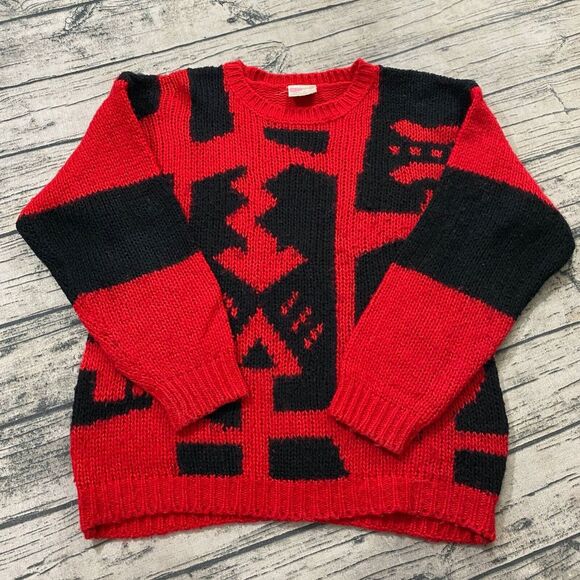 One Step‎ Up Vtg 80s Art to Wear Geometric Knit Pullover Sweater Red Colorblock - Picture 1 of 9
